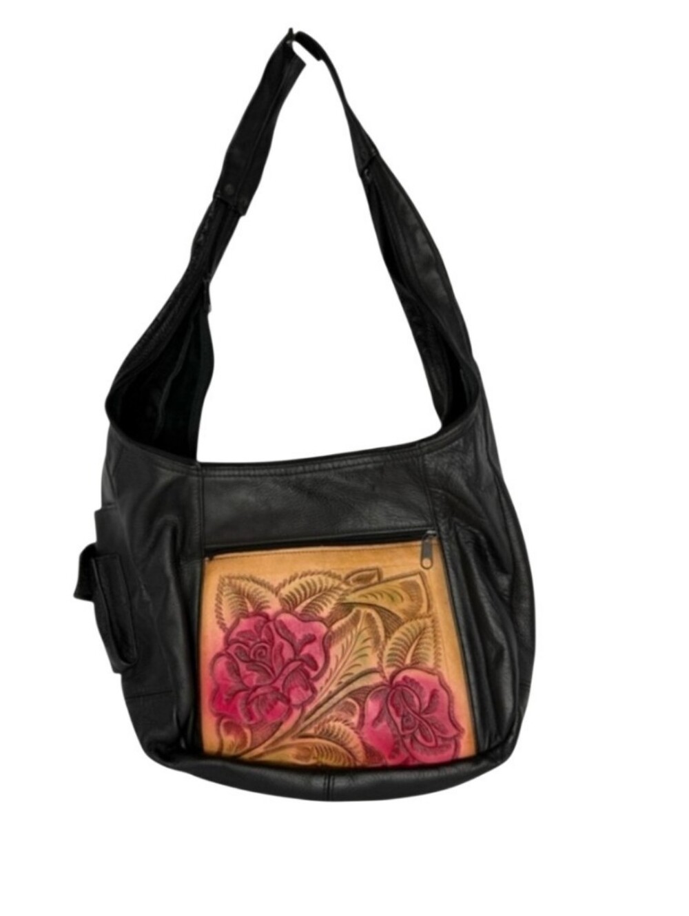 Black Leather Shoulder Bag with Pink Floral Front Tooled Panel